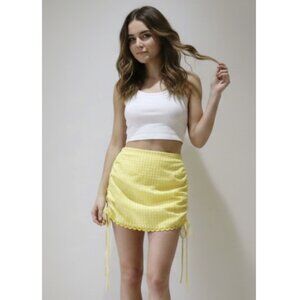 GUIZIO Gingham Ruched Side Tie Mini Skirt in Limincello Yellow Coquette Cottage